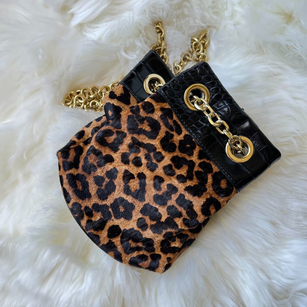 Sam Eldeman Sabina Bucket Bag Cheetah Pony Hair with Black Leather Gold Chain